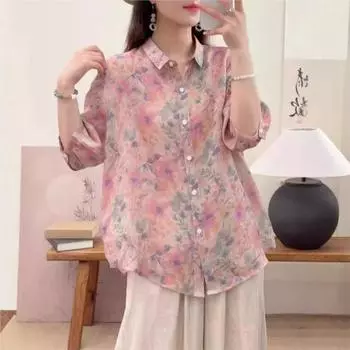 Johnature Женские рубашки с цветочным принтом в винтажном стиле, отложным воротником и короткими рукавами, летняя блузка в китайском стиле One Size