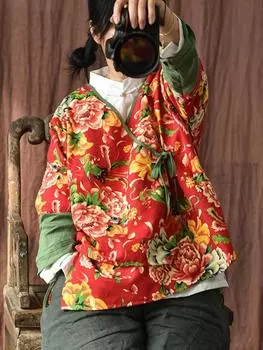 Johnature женские рубашки с поясом в китайском стиле, блузки с длинными рукавами, весенние винтажные свободные рубашки нерегулярной формы One Size чёрный