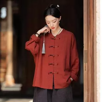 Johnature Женские рубашки с пуговицами в китайском стиле с длинным рукавом, однотонные осенние топы, винтажные свободные блузки One Size