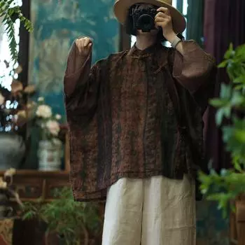 Johnature Женские рубашки с рукавами «летучая мышь» с цветочным принтом и винтажной блузкой с осенними пуговицами и свободными топами в китайском стиле One Size