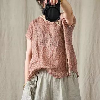 Johnature женские рубашки с v-образным вырезом без рукавов, свободная блузка с цветочным принтом, летние винтажные рубашки на пуговицах в китайском стиле One Size синий