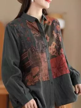 Johnature Женские рубашки с винтажным принтом и цветочным принтом Топы на пуговицах Весенние блузки Свободные женские мягкие рубашки на пуговицах One Size темно серый