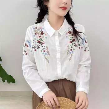 Johnature Женские рубашки с вышивкой и цветочным принтом Топы с отложным воротником и длинным рукавом Блузки Осенние женские рубашки на пуговицах One Size