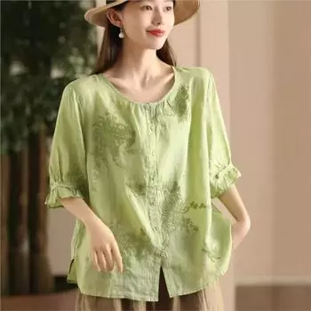 Johnature Женские рубашки с вышивкой в китайском стиле с цветочным принтом, топы с круглым вырезом и коротким рукавом, летние свободные однотонные рубашки One Size зелёный