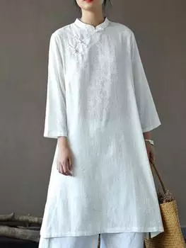 Johnature женские рубашки-стойки в китайском стиле белые длинные топы с семью рукавами весенние жаккардовые винтажные блузки на пуговицах рубашки One Size белый