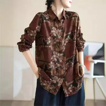Johnature Женские рубашки, топы, принт, цветочный отложной воротник, блузки с длинным рукавом, осенние винтажные женские рубашки One Size