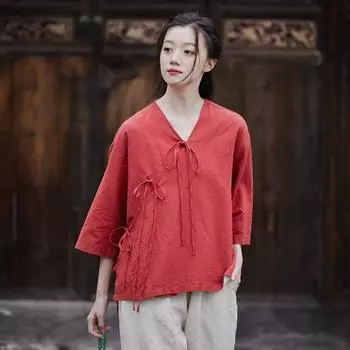 Johnature женские рубашки в китайском стиле, бандажные льняные однотонные топы, осенние винтажные рубашки с v-образным вырезом и семью рукавами One Size жёлтый