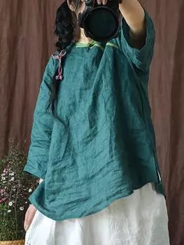 Johnature женские рубашки в китайском стиле, льняные блузки с семью рукавами, весенние винтажные топы, винтажные женские повседневные рубашки One Size фиолетовый