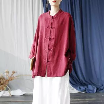 Johnature Женские рубашки в китайском стиле, однотонные топы с длинными рукавами, осенние винтажные свободные женские блузки с пуговицами из рами One Size темно-синий
