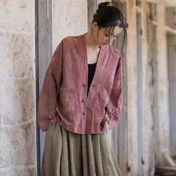 Johnature женские рубашки в китайском стиле рами на пуговицах с v-образным вырезом и длинными рукавами, карманы, однотонные блузки, весенние топы, женские рубашки One Size кофейный