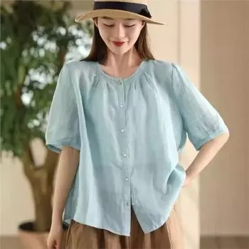 Johnature Женские рубашки в китайском стиле с круглым вырезом и коротким рукавом на пуговицах Летние однотонные винтажные женские блузки One Size белый