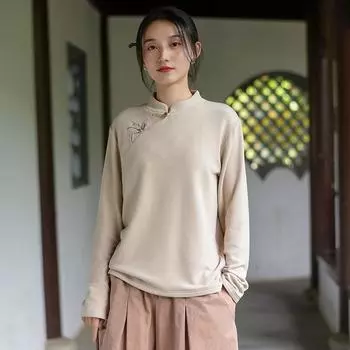 Johnature Женские рубашки в китайском стиле с воротником-стойкой, теплые осенние топы, вышитые цветочные блузки, мягкая рубашка с длинным рукавом M бежевый