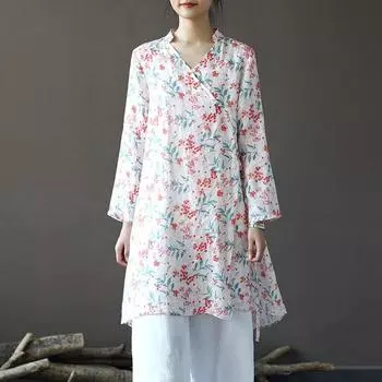 Johnature женские рубашки в китайском стиле с цветочным принтом блузки осенние топы с длинными рукавами винтажная рубашка трапециевидной формы с поясом