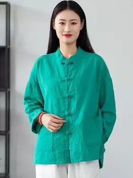 Johnature женские рубашки в китайском стиле с длинными рукавами и карманами на пуговицах, весенние карманы, однотонные блузки, топы One Size белый