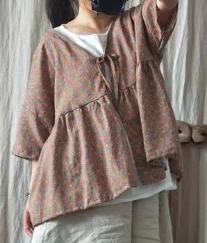 Johnature женские рубашки в китайском стиле с поясом, летние блузки с короткими рукавами и цветочным принтом, хлопковая льняная одежда, рубашки One Size серый