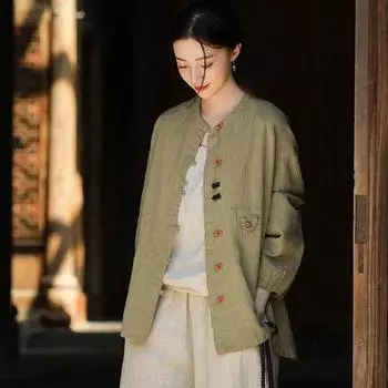 Johnature женские рубашки в китайском стиле топы на пуговицах с длинными рукавами осенние блузки в стиле пэчворк винтажные рубашки-стойки One Size темно-зеленого