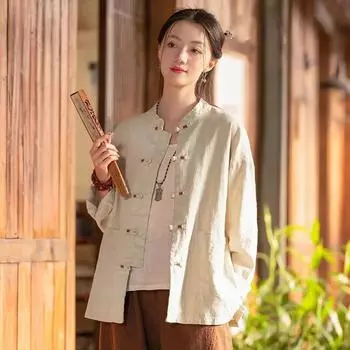 Johnature женские рубашки в китайском стиле, топы, однотонные блузки с длинными рукавами и пуговицами, весенние свободные рубашки One Size чёрный