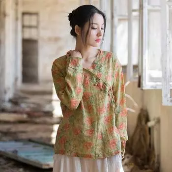 Johnature женские рубашки в китайском стиле топы с v-образным вырезом и длинными рукавами весенние блузки с цветочным принтом женские винтажные рубашки рами One Size оранжевый
