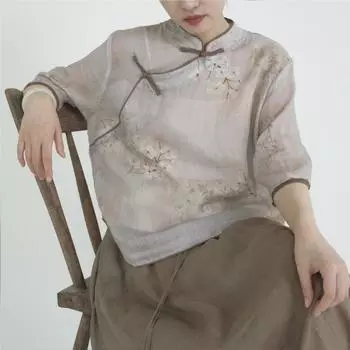 Johnature Женские рубашки в китайском стиле, топы с цветочным принтом и пуговицами, блузки с семью рукавами, летние винтажные рубашки One Size светло-серый