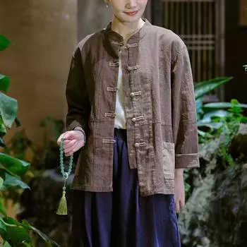 Johnature женские рубашки в китайском стиле, топы, льняные лоскутные карманы, весенние блузки, женские рубашки с длинными рукавами-стойкой One Size кофейный