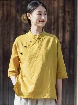 Johnature женские рубашки в китайском стиле, топы, однотонные блузки с короткими рукавами и пуговицами, летние винтажные рубашки One Size белый