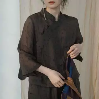 Johnature женские рубашки в китайском стиле, топы с длинным рукавом, весенние блузки с цветочным принтом, винтажные рубашки One Size кофейный