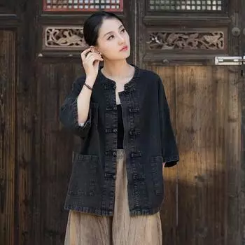 Johnature Женские рубашки в китайском стиле Топы с коротким рукавом Винтажные блузки Летние рубашки на пуговицах One Size чёрный