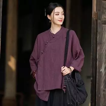 Johnature Женские рубашки в китайском стиле, топы со стойкой, с длинным рукавом, однотонные блузки, осенние рубашки на пуговицах One Size фиолетовый
