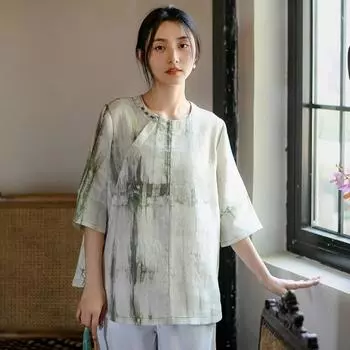 Johnature Женские рубашки в китайском стиле, топы, блузки с круглым вырезом и короткими рукавами, летние рубашки в китайском стиле XXL светло-синий