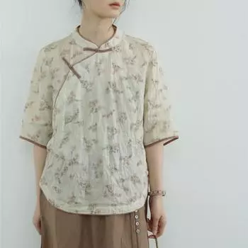 Johnature Женские рубашки в китайском стиле Топы со стоячим рукавом-полуторкой Летние блузки с винтажным принтом и цветочным принтом One Size бежевый