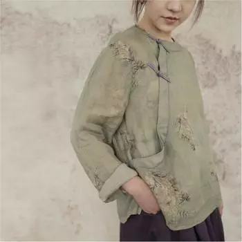 Johnature женские рубашки в китайском стиле, топы с круглым вырезом и длинными рукавами, блузки с цветочным принтом, осенняя винтажная рубашка на пуговицах One Size зелёный
