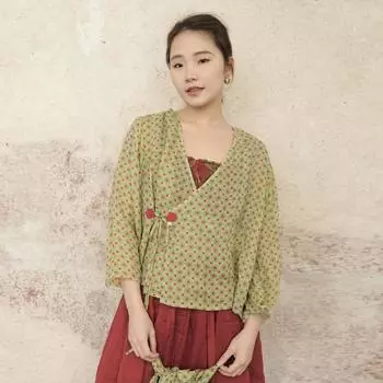 Johnature женские рубашки в китайском стиле топы с v-образным вырезом блузки с девятью рукавами летние женские винтажные рубашки с цветочным принтом One Size розовый