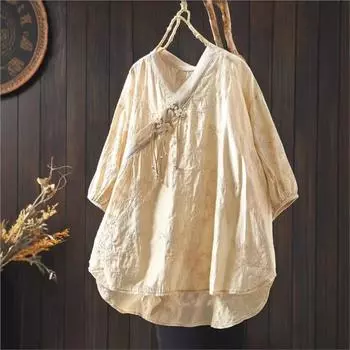 Johnature Женские рубашки в китайском стиле Жаккардовые винтажные блузки Весенние V-образные вырезы Длинные рукава Женские мягкие топы One Size чёрный