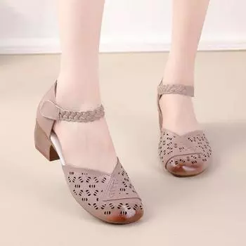 Johnature/женские сандалии из натуральной кожи в стиле ретро, дышащая женская обувь на толстом каблуке с круглым носком и открытым носком 35 абрикосовый