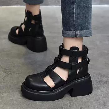 Johnature/женские сандалии из натуральной кожи на толстой подошве с круглым носком в стиле ретро, римская обувь на толстом высоком каблуке с вырезами 35 бежевый