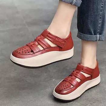 Johnature/женские сандалии из натуральной кожи в стиле ретро на толстой подошве, удобные дышащие туфли ручной работы на плоской подошве с круглым носком 36 фиолетовый