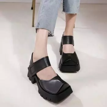 Johnature/женские сандалии из натуральной кожи на толстой подошве, однотонные удобные туфли на толстом каблуке с квадратным носком 35 чёрный