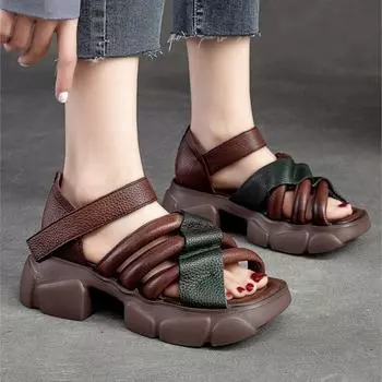 Johnature женские сандалии из натуральной кожи на толстой подошве, универсальные удобные дышащие туфли на платформе с мягкой подошвой 35 чёрный