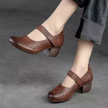 Johnature/женские сандалии, летние туфли-лодочки из натуральной кожи в стиле ретро, удобная дышащая женская обувь на среднем каблуке 35 бежевый
