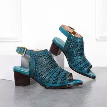 Johnature/женские сандалии, летние удобные дышащие женские сандалии на среднем каблуке в стиле ретро из натуральной кожи, обувь 36 синий
