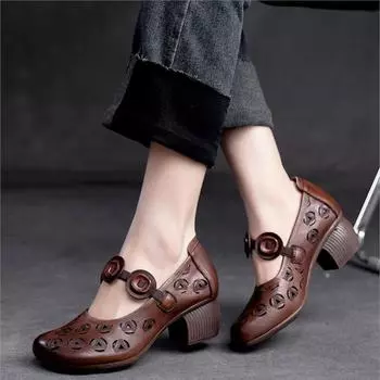 Johnature/женские сандалии, летние удобные дышащие женские туфли-лодочки из натуральной кожи на среднем каблуке в стиле ретро 35 абрикосовый