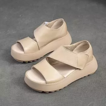 Johnature/женские сандалии на толстой подошве с открытым носком, туфли на платформе, винтажные удобные сандалии из натуральной кожи 35 чёрный