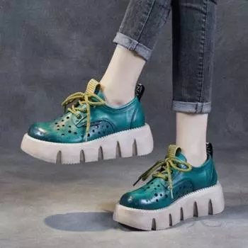 Johnature/женские сандалии на толстой подошве с открытыми отверстиями, повседневные дышащие туфли на плоской платформе со шнуровкой из натуральной кожи