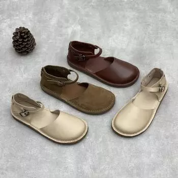 Johnature Женские сандалии ручной работы из натуральной кожи на плоской подошве с мягкой подошвой и круглым носком в стиле ретро из коровьей кожи 35 кофейный