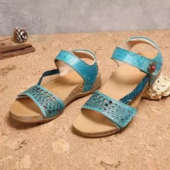 Johnature Женские сандалии ручной работы в этническом стиле, свободные сандалии на плоской подошве в стиле ретро с круглым носком и цветком, из натуральной кожи 36 синий