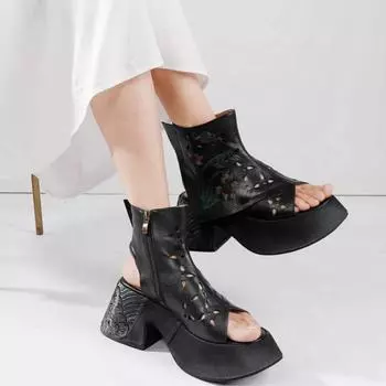 Johnature Женские сандалии ручной работы в стиле ретро, ботинки из натуральной кожи с толстой подошвой и вышивкой, открытые ботинки с открытым носком