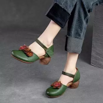 Johnature/женские сандалии в стиле ретро из натуральной кожи, универсальные сандалии ручной работы на среднем каблуке с цветочным узором и круглым носком, женская обувь 35 бежевый