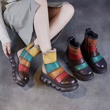 Женские сапоги Johnature Ethnic Style с толстой подошвой, смешанные цвета, на танкетке, из натуральной кожи, до середины голени 35 фиолетовый