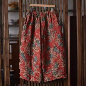 Johnature Женские винтажные принтованные цветочные широкие брюки с эластичной талией, свободные весенние брюки, длинные брюки в китайском стиле для женщин One Size красный