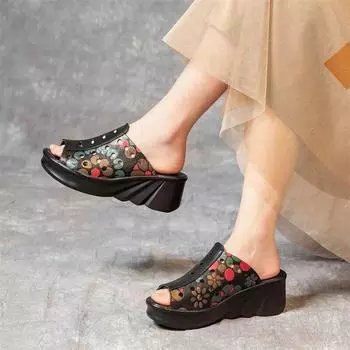 Johnature/женские шлепанцы на танкетке из натуральной кожи на толстой подошве с открытым носком, летние шлепанцы с принтом в этническом стиле